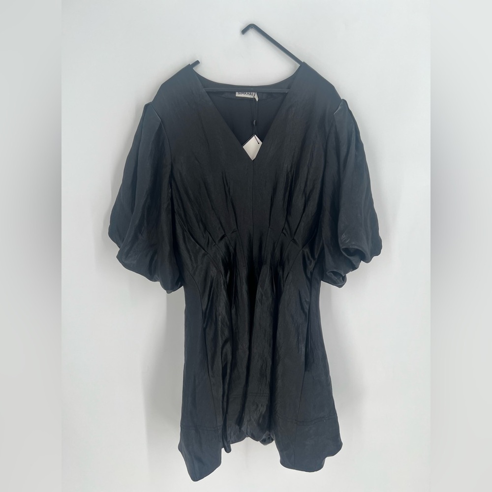 Simkhai Luisa Bubble Puffed Sleeve Satin Black Sheen Mini Dress
